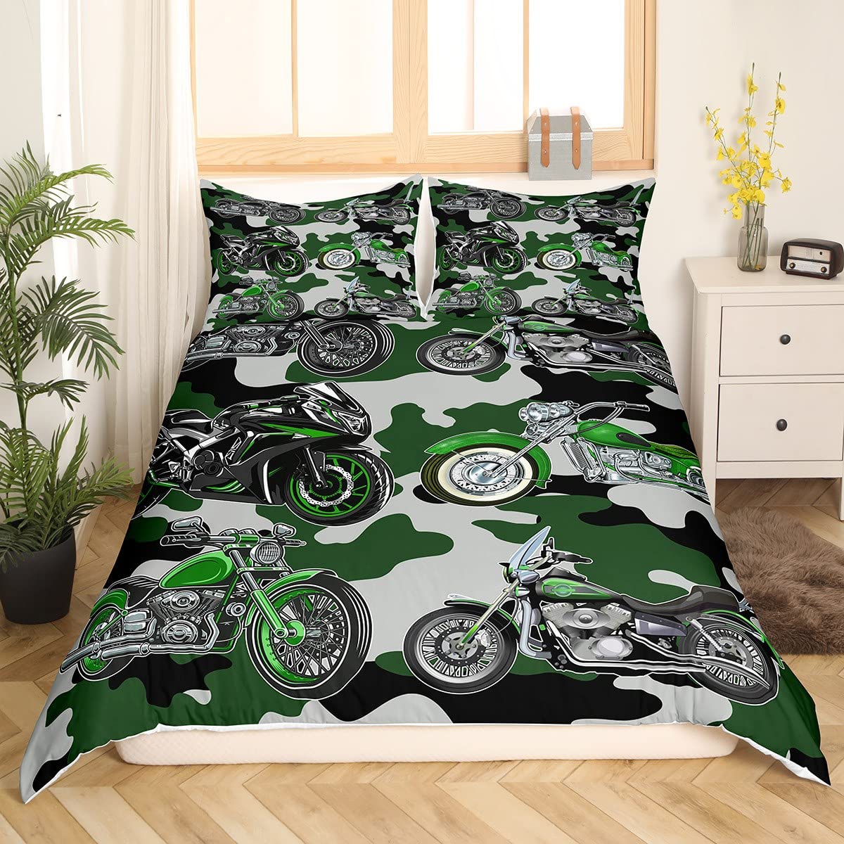 Motorcycle Bedding Set Twin Size - Motocross Comforter Cover in Army Green Camouflage for Adults & Teens | Extreme Sports Themed Duvet with Pillowcase | Perfect for Boys' Rooms, Dorm Decor & Motorcycle Enthusiasts