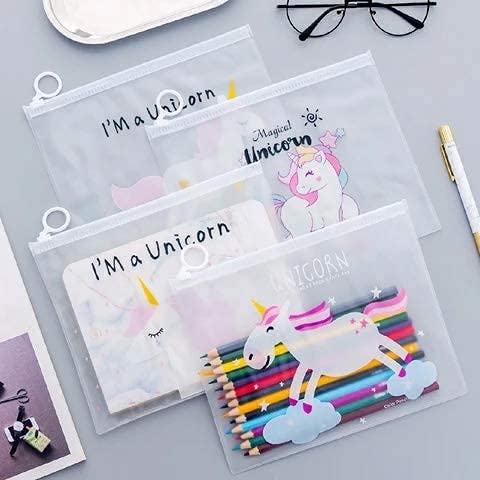 BREEPREE (Pack of 4) Transparent Unicorn Print Pencil Case - Waterproof Zippered Pouch for School Supplies, Makeup Organizer, Travel Accessories - Perfect Gift for Kids, Boys & Girls - Ideal for Backpack, Office & Travel Organization