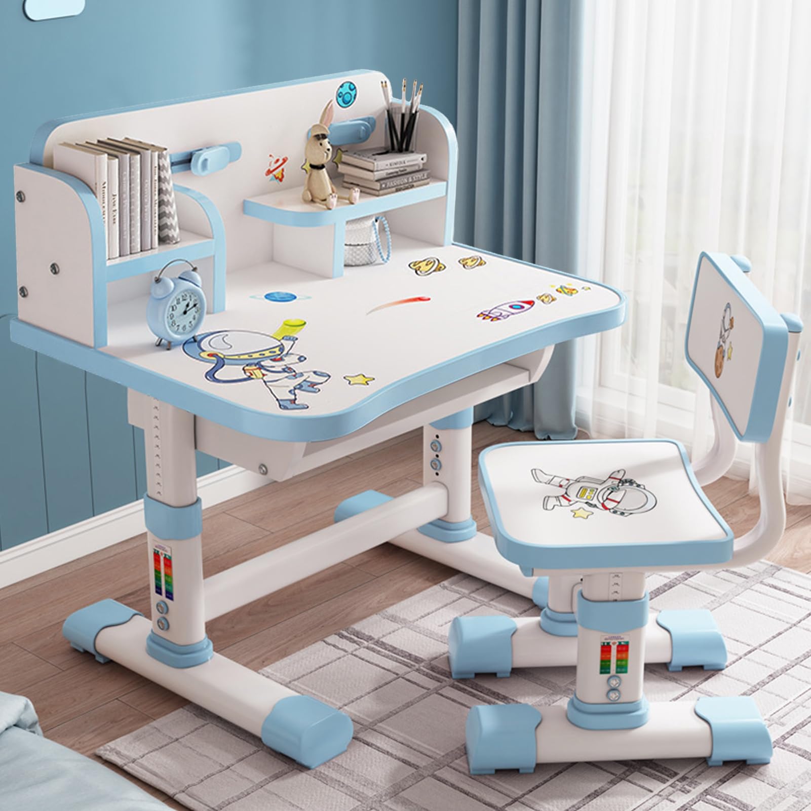 Adjustable Kids Study Desk and Chair Set with Cartoon Design - Ergonomic Children's Writing Table with Bookshelf & Storage, Perfect for Homeschooling & Online Learning