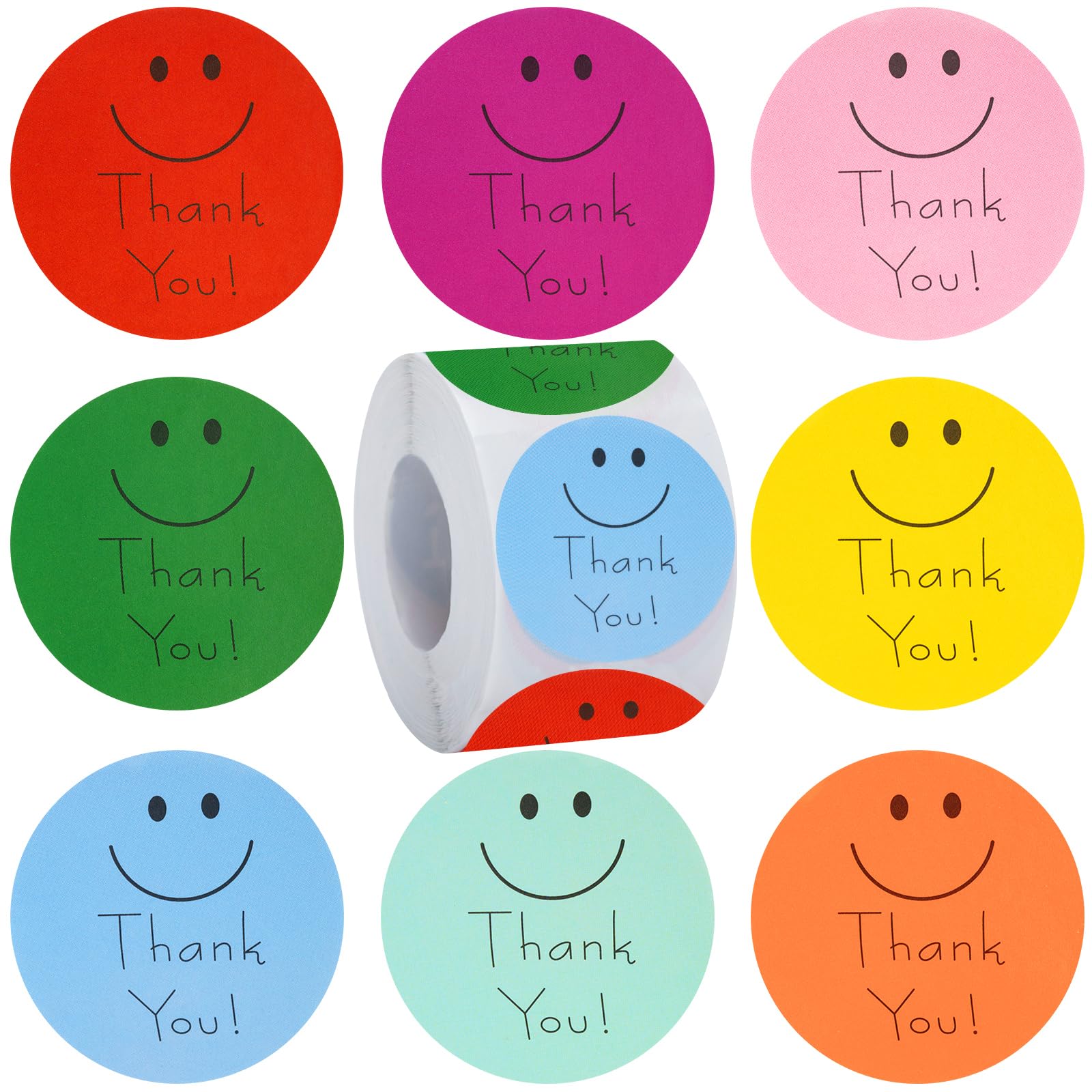 Anwyll 500Pcs 1.5 Inch Thank You Stickers for Small Business - 8 Cute Smiley Face Design Labels for Packaging, Envelopes, Gift Wrapping & Party Favors - Perfect for Birthday, Wedding & Customer Appreciation Gifts