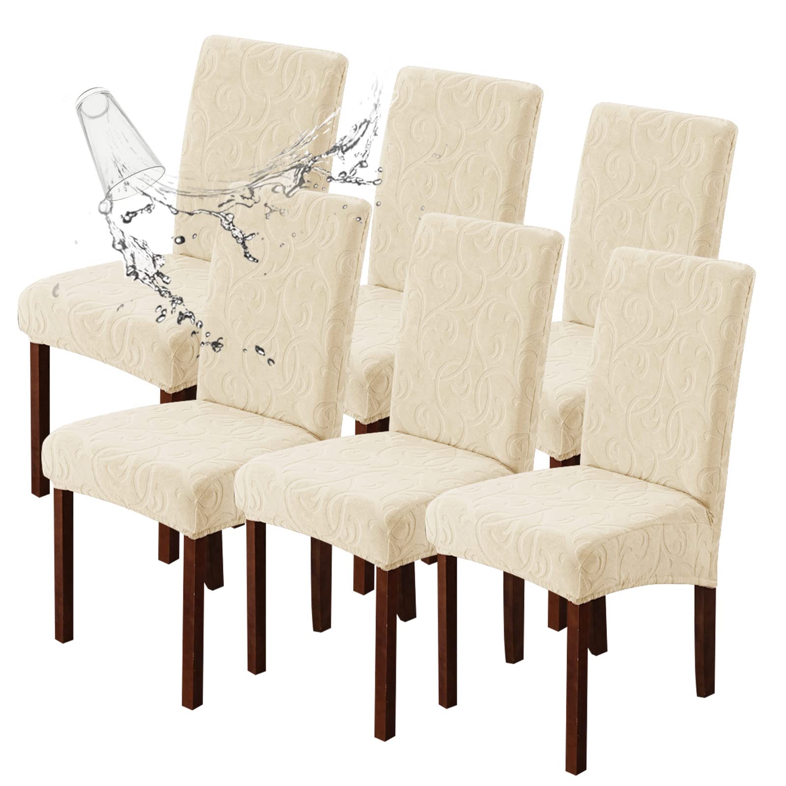 Waterproof Stretch Parsons Chair Slipcovers - 6 Pack Washable Dining Room Chair Covers with Floral Pattern, Beige | Kitchen & Dining Chair Protectors for Home, Restaurant & Outdoor Use