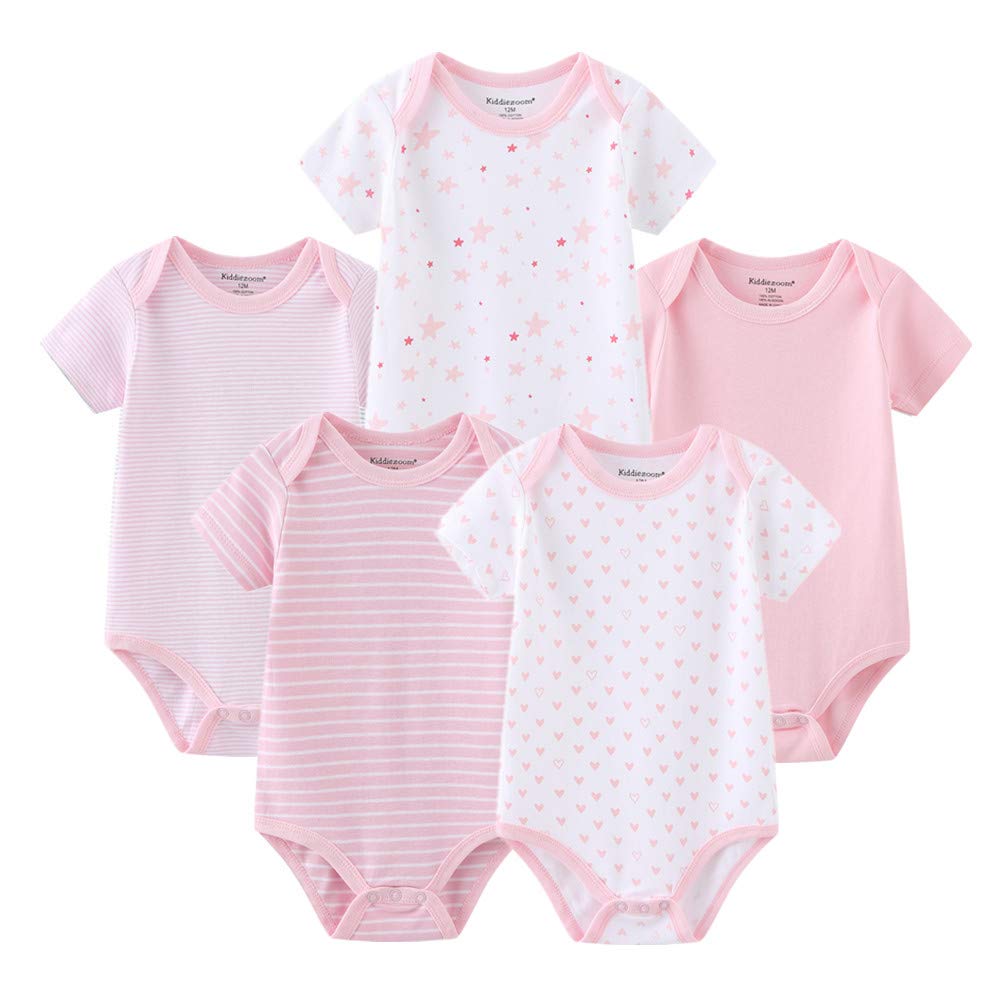 Kiddiezoom Baby Bodysuits - 5-Pack Newborn Short Sleeve Cotton Onesies | Soft & Breathable Infant Clothes for Boys & Girls | Perfect for Daily Wear, Playtime & Photo Shoots