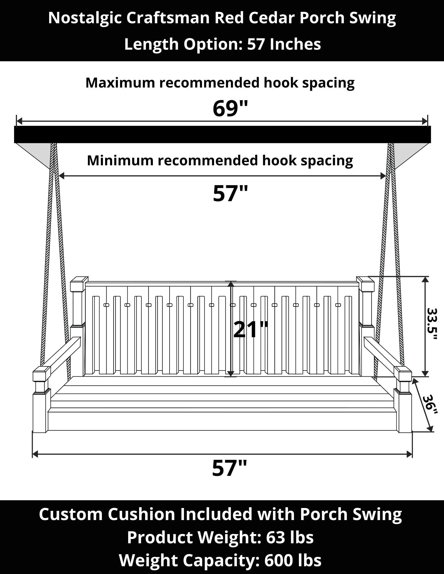 57-inch Slate Grey Cedar Porch Swing - Handcrafted Red Cedar Wood, Rustic Craftsman Style - Perfect for Outdoor Patio, Garden, and Backyard Relaxation