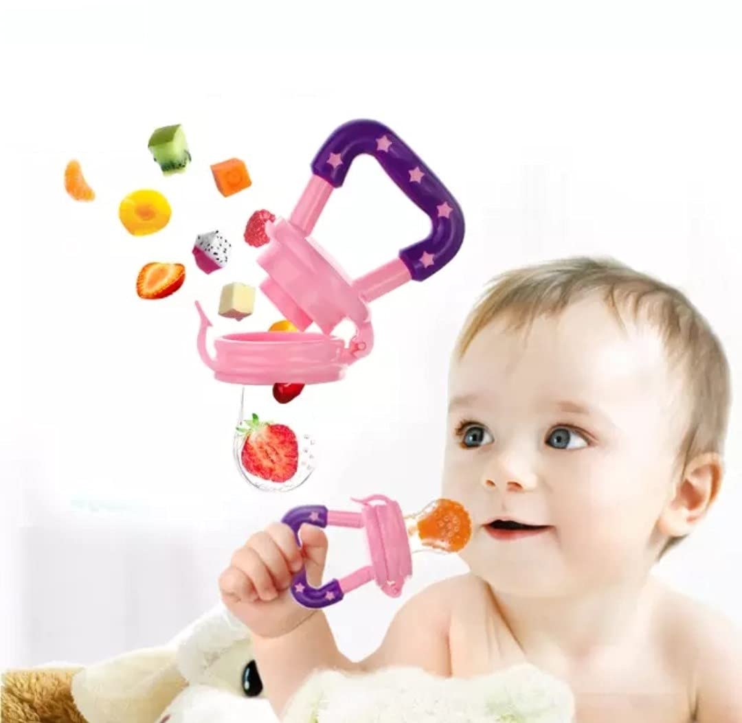 BPA Free Silicone Baby Food & Fruit Feeder Nibbler - Safe Teething Pacifier for Infants & Toddlers (Pink & Yellow Combo Pack) - Perfect for Purees, Fresh Fruits & Soothing Gums at Home or On-the-Go