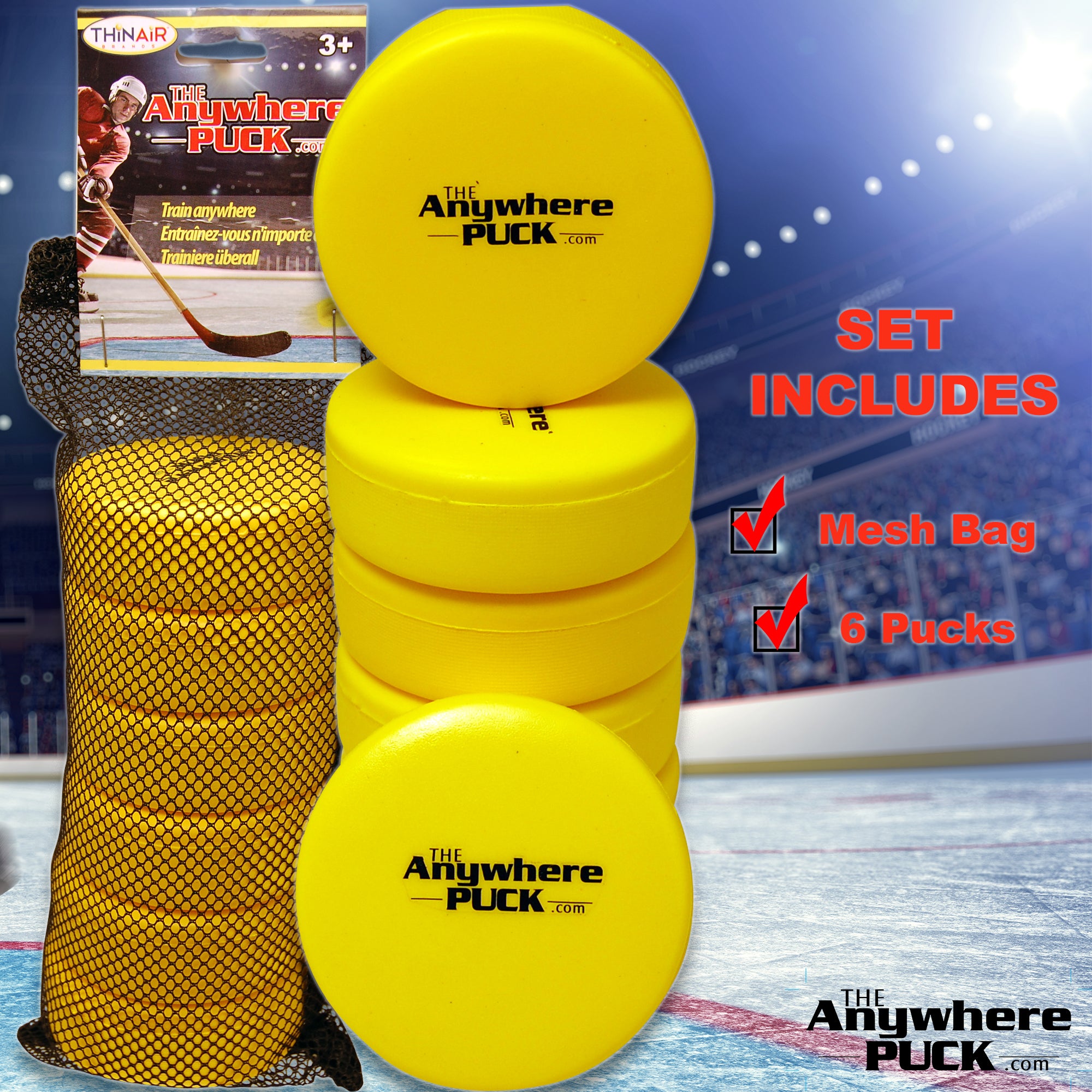 Anywhere Sports The Anywhere Puck 6 Pack - Yellow Foam Hockey Training Set for Kids | Indoor & Outdoor Hockey Practice, Backyard Games, Youth Sports Training