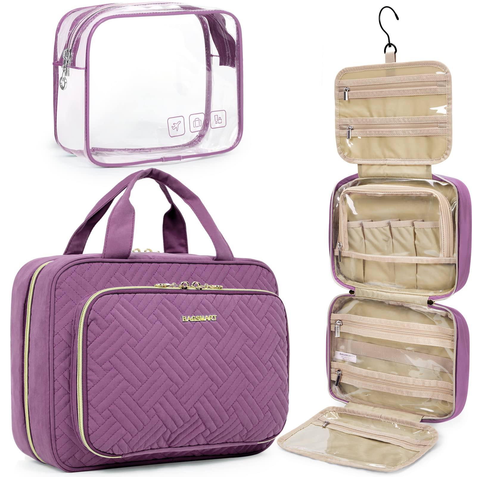 BAGSMART Hanging Toiletry Bag for Travel - Large TSA Approved Transparent Cosmetic Organizer with Full Size Toiletries Capacity, Purple | Perfect for Air Travel, Camping & Gym Essentials Organization