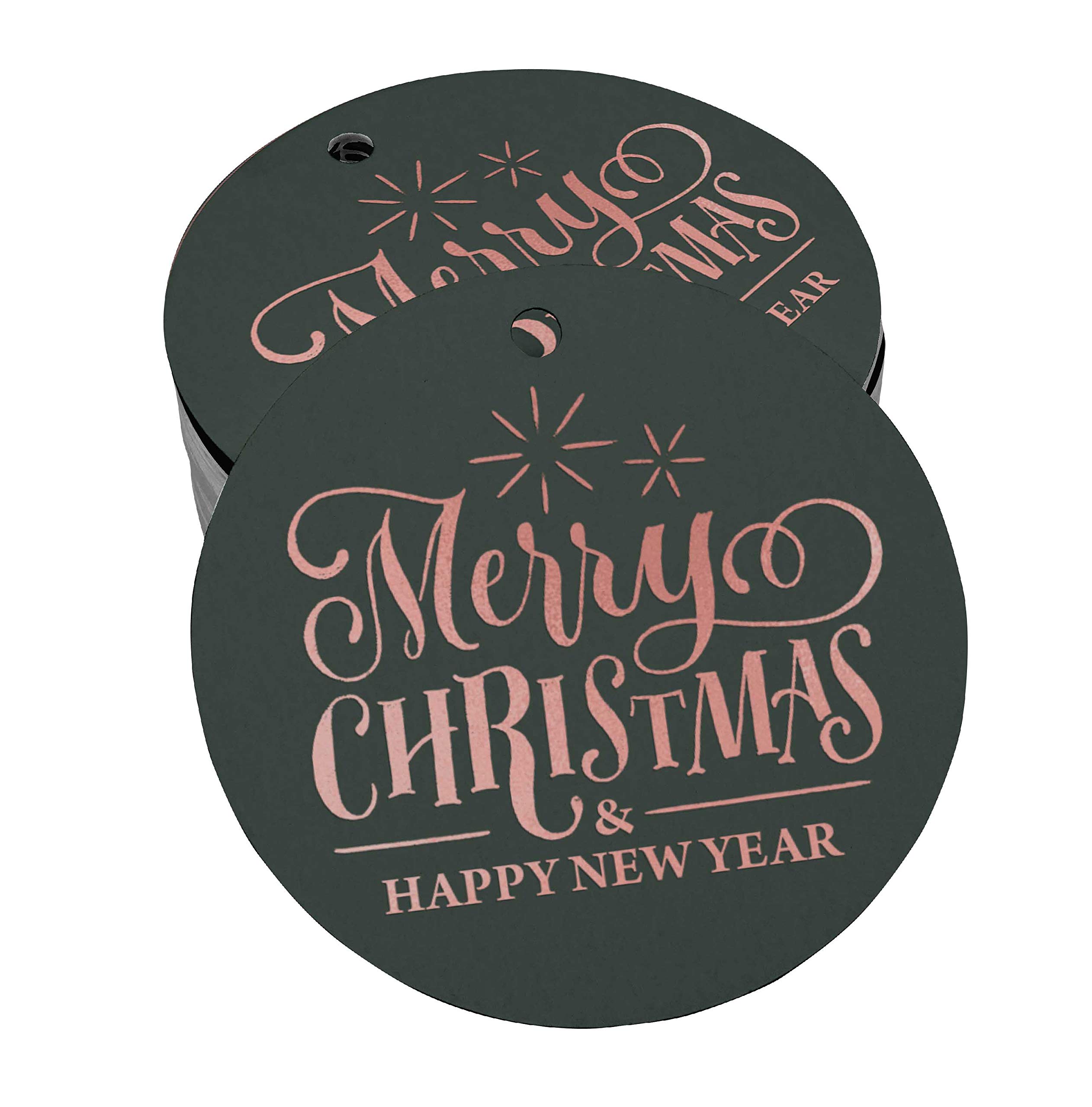 100pcs Real Rose Gold Foil Christmas & New Year Gift Tags - Merry Christmas Happy New Year Text Favor Hang Paper Tags for Holiday Presents, Party Decorations & Gift Wrapping