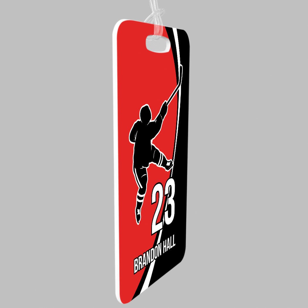 Personalized Hockey Slap Shot Luggage Tag - Small Red & Black Hockey Bag Tag with Standard Lines - Perfect for Hockey Players, Travel & Sports Gear Identification