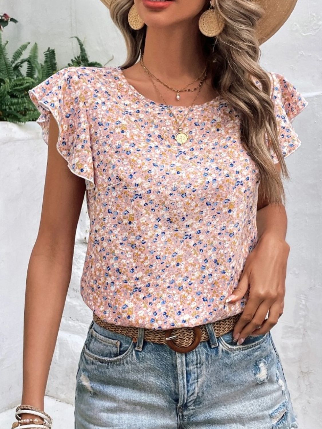 Women's Ditsy Floral Print Round Neck Cap Sleeve Blouse - Casual Summer Tops for Beach, Vacation & Everyday Wear