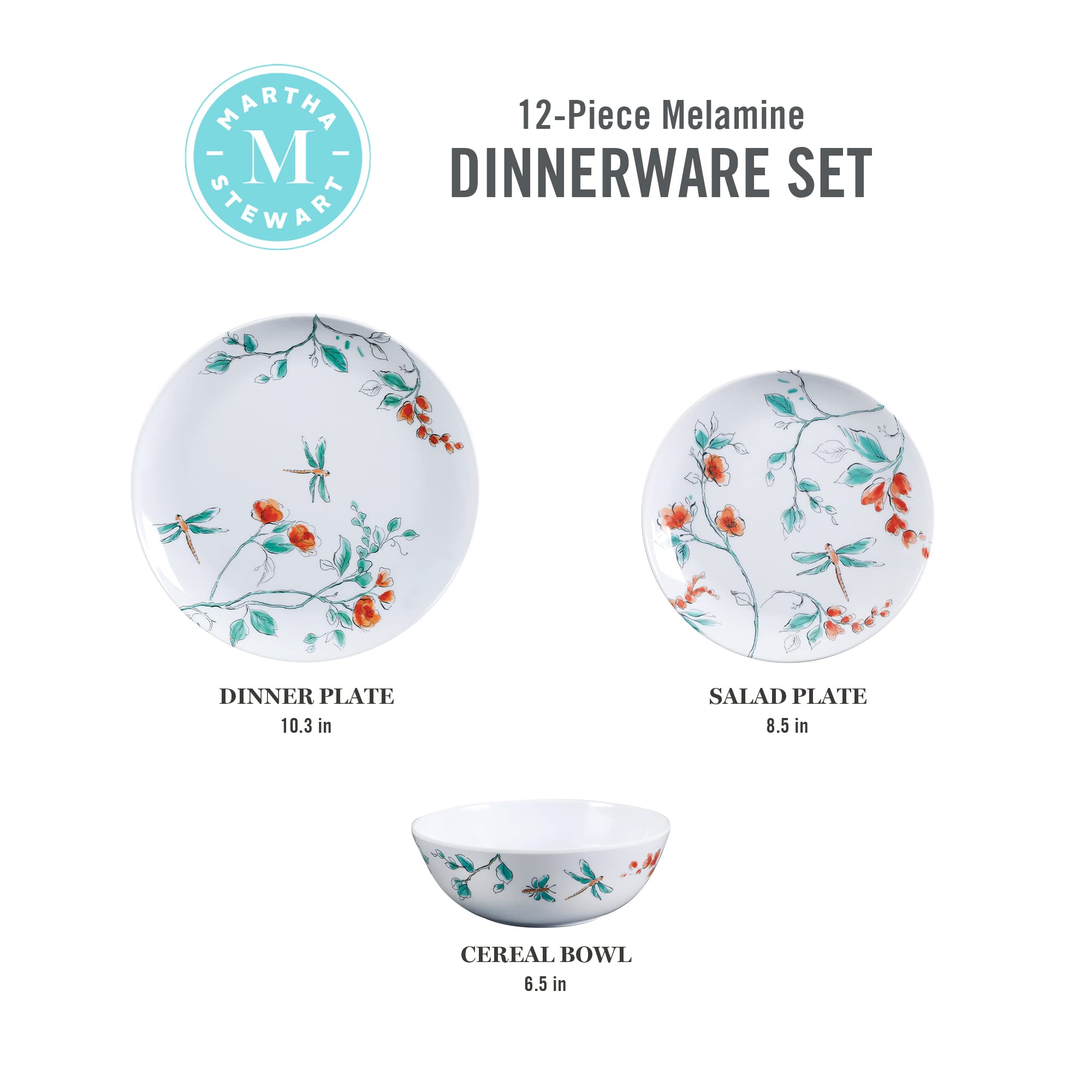 Martha Stewart Dragonfly Melamine Dinnerware Set - White, 12-Piece Service for 4, Shatterproof Outdoor & Indoor Dining Plates, Bowls, Cups - Perfect for Patio, Picnic, Pool Party, and Everyday Use