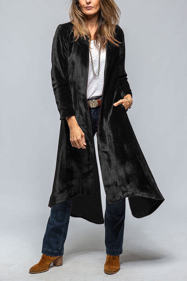 Vintage Velvet Long Loose Pocket Slit Coat - Women's Elegant Trench Coat with Pockets for Fall Winter Fashion, Perfect for Office, Date Night and Special Occasions