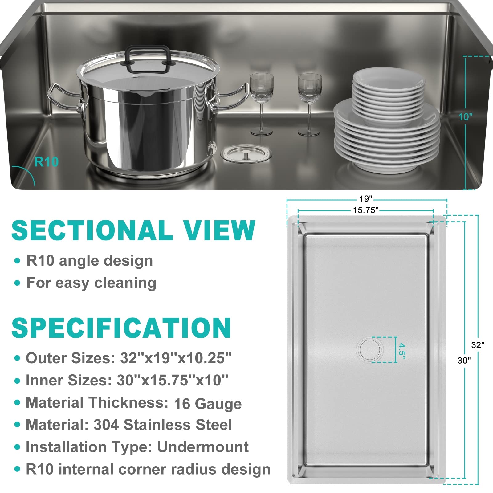 Tysun 32 Inch Undermount Stainless Steel Kitchen Sink - 16 Gauge Single Bowl Workstation Sink with Accessories - Perfect for Modern Kitchens, Food Prep & Dishwashing