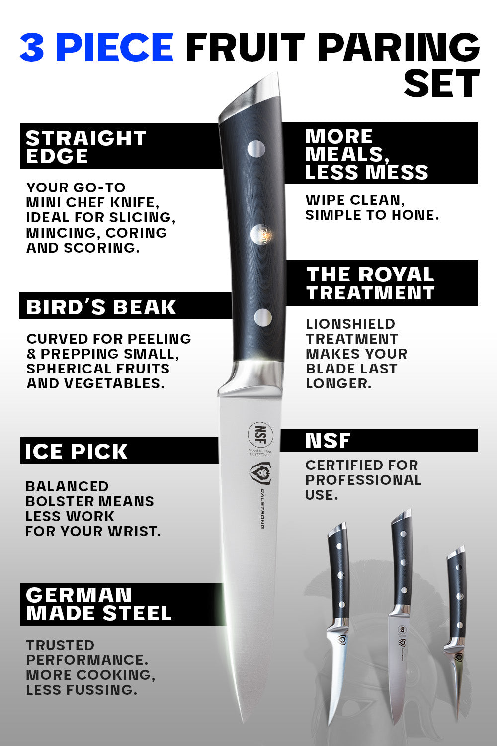 Premium 3-Piece Fruit & Vegetable Paring Knife Set - Gladiator Series | NSF Certified | Dalstrong © | Perfect for Peeling, Coring & Precision Cutting in Professional Kitchens & Home Cooking
