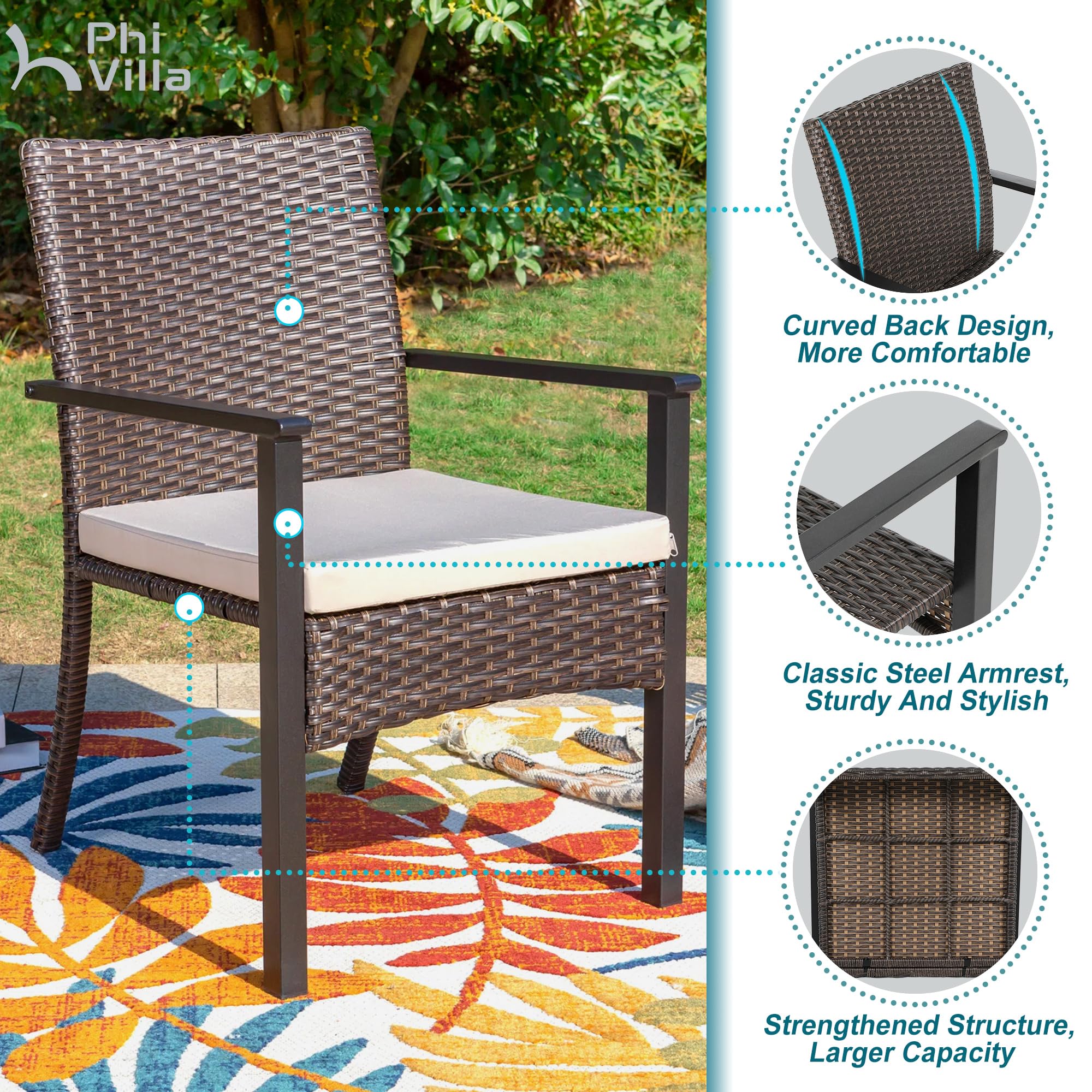 PHI VILLA 9-Piece Outdoor Dining Set for 8 with Wrought Iron Table & Cushioned Wicker Chairs - Rectangle Patio Furniture with Umbrella Hole for Backyard, Deck, Garden, Porch - Perfect for Outdoor Entertaining and Family Gatherings