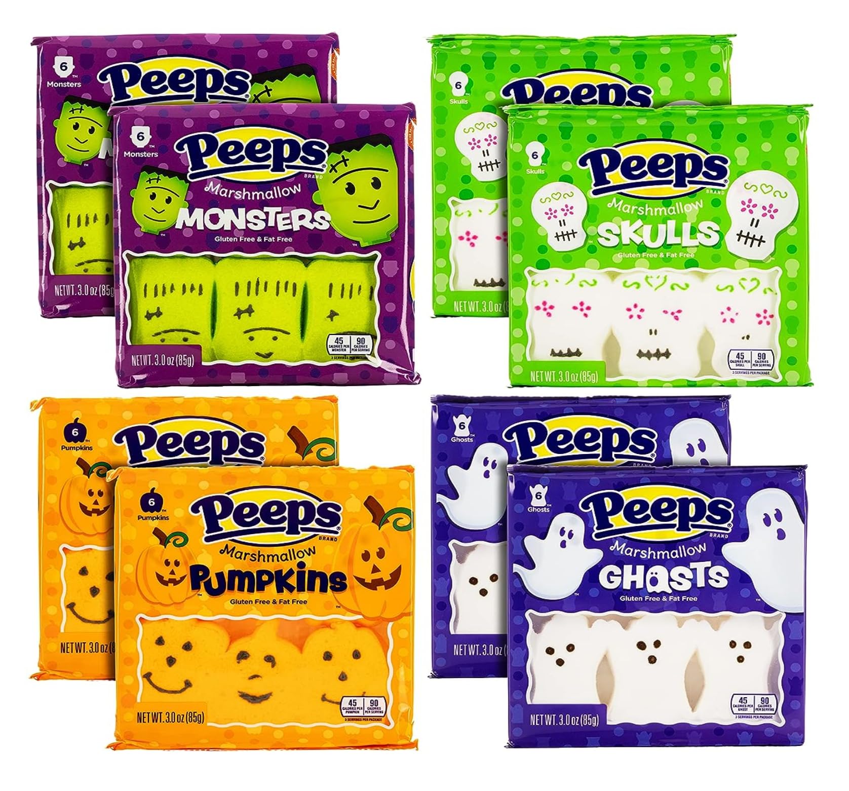 Smiling Sweets Peeps Marshmallows - 48 Count Halloween Variety Pack (8 Monsters, 8 Skulls, 8 Ghosts, 8 Pumpkins) - 2 Pack for Parties, Trick-or-Treating & Festive Desserts