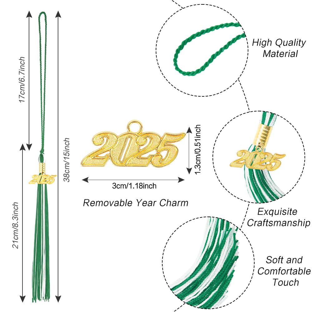 2025 Graduation Tassel with Gold Charm - White & Green Tassel Accessories for Graduation Cap Decor, Ceremony & Gifts - Perfect for High School, College Commencement & Graduation Parties