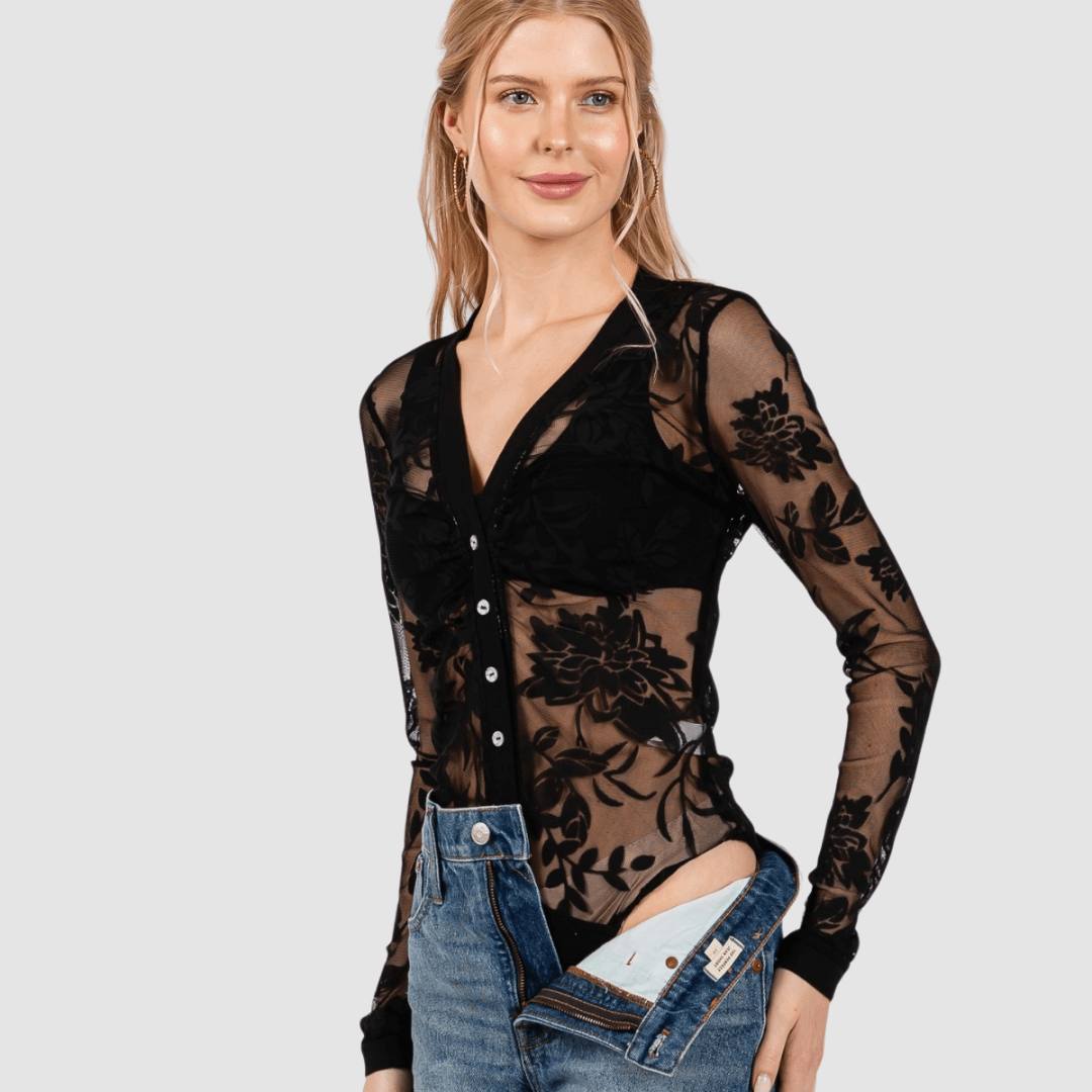 Black Floral Lace Sheer Bodysuit - Made in USA - Sexy Lingerie for Date Night & Special Occasions