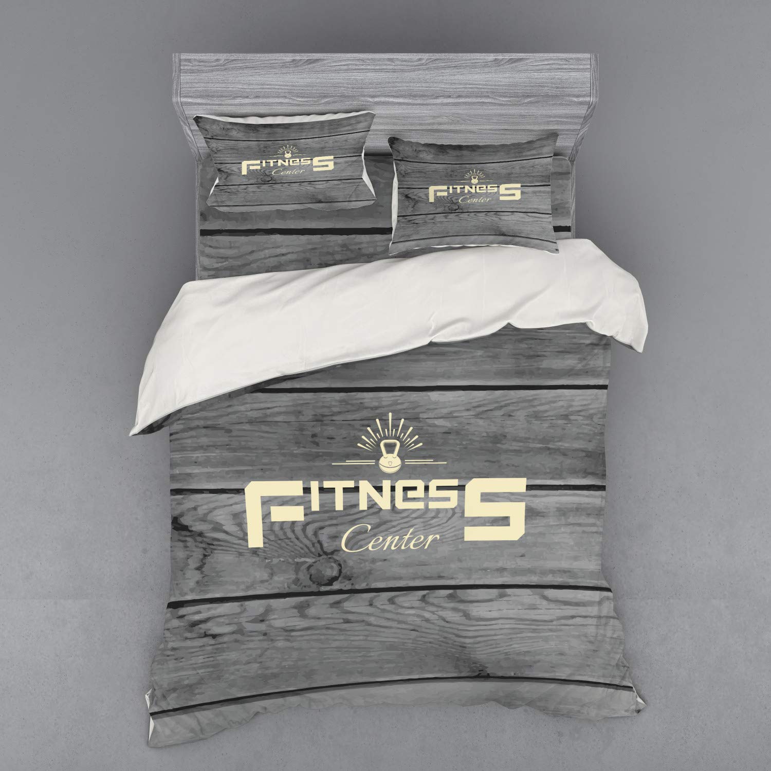 Ambesonne Fitness Bedding Set - 4 Piece Duvet Cover with Shams & Fitted Sheet, Queen Size, Pale Yellow Black Grey - Aerobics & Gym Themed Design on Wooden Planks Backdrop - Perfect for Home Gym Decor & Fitness Enthusiasts
