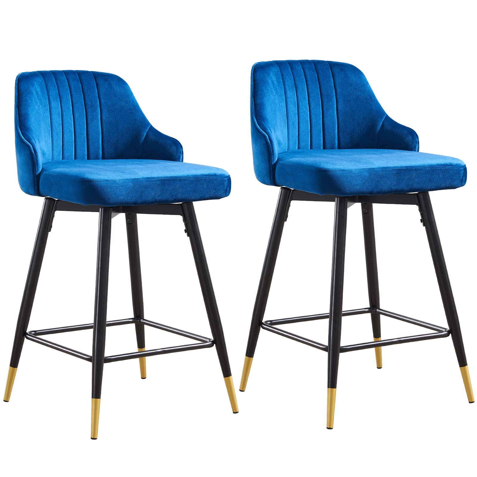 Velvet Bar Stools Set of 2 - Swivel Counter Height Bar Stool with Low Back, Modern Kitchen Island Stools with Sturdy Metal Legs & Footrest, Blue Dining Chairs for Breakfast Bar, Home Bar & Kitchen Counter - Comfortable & Stylish Seating Solution