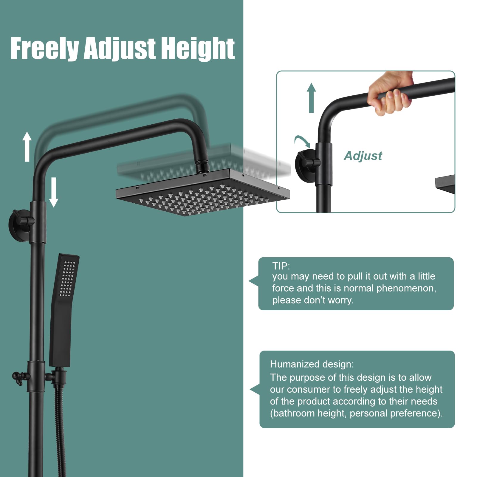 Matte Black Exposed Shower System - 8 Inch Square Rainfall Shower Head with Adjustable Handheld Sprayer - Dual Function Wall Mount Bathroom Faucet Set for Modern Home & Spa Experience
