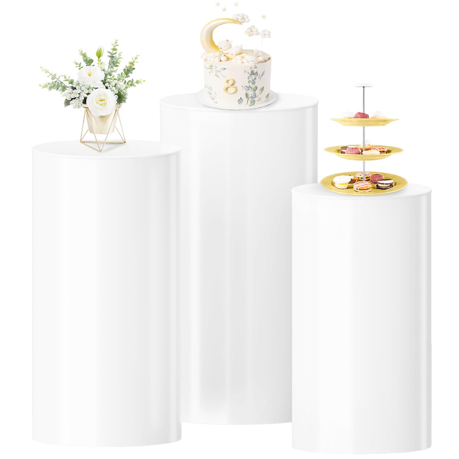 White Cylinder Pedestal Stand Set of 3 - Large Wedding Cake Stands, Party Display Pillars for Baby Showers, Birthdays & Events - Perfect for Dessert Tables, Centerpieces & Decorative Displays