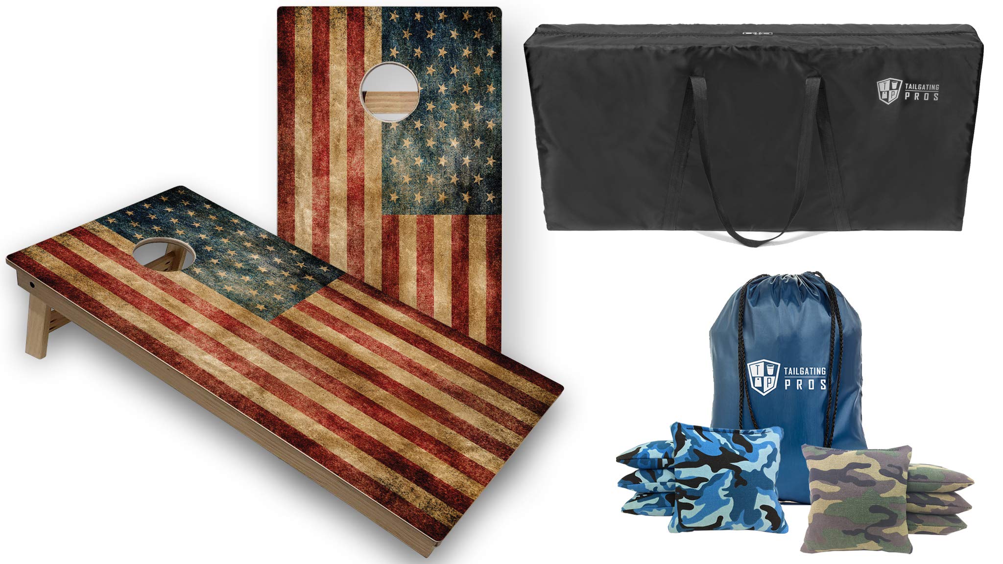 Tournament Grade Cornhole Game Set - 2 Professional 4'x2' Distressed Flag Cornhole Boards, 8 Bags & Carrying Case - Regulation Baltic Birch - Optional LED Lights - Perfect for Tailgating, Backyard Parties & Outdoor Events