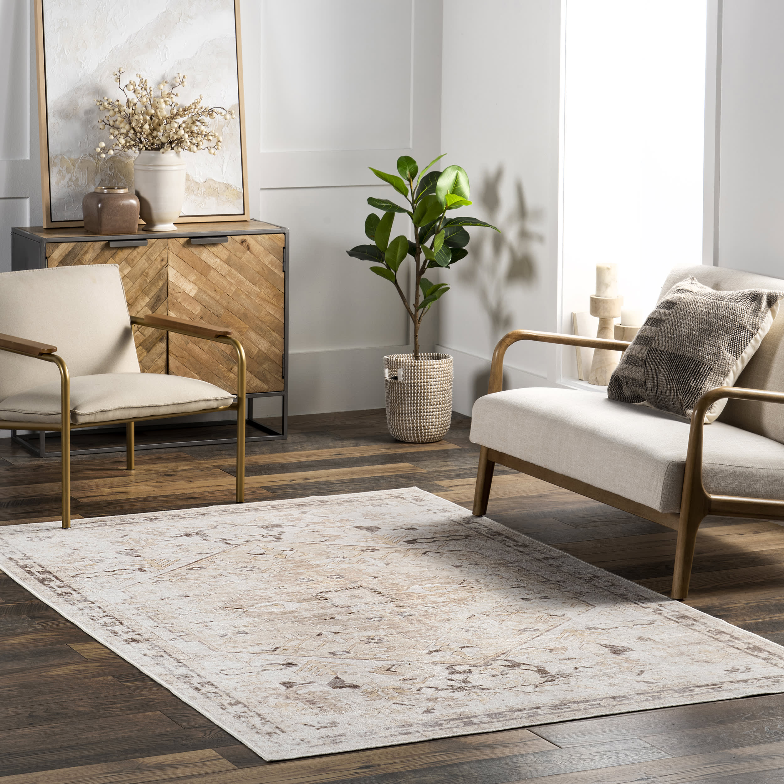 Davie Medallion Washable Rug - Soft & Durable Beige Area Rug for Living Room, Bedroom, or Nursery - Easy to Clean & Stain Resistant