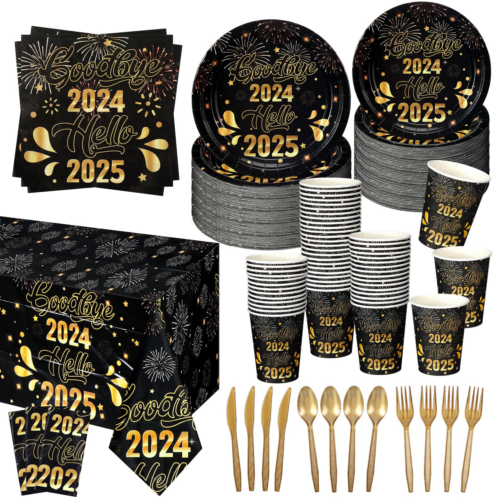 170 Pcs New Year's Eve Party Supplies 2025 - Disposable Tableware Set with Plates, Napkins, Cups, Cutlery & Decorations for NYE Celebration - Perfect for Countdown Parties, Family Gatherings & Office Events