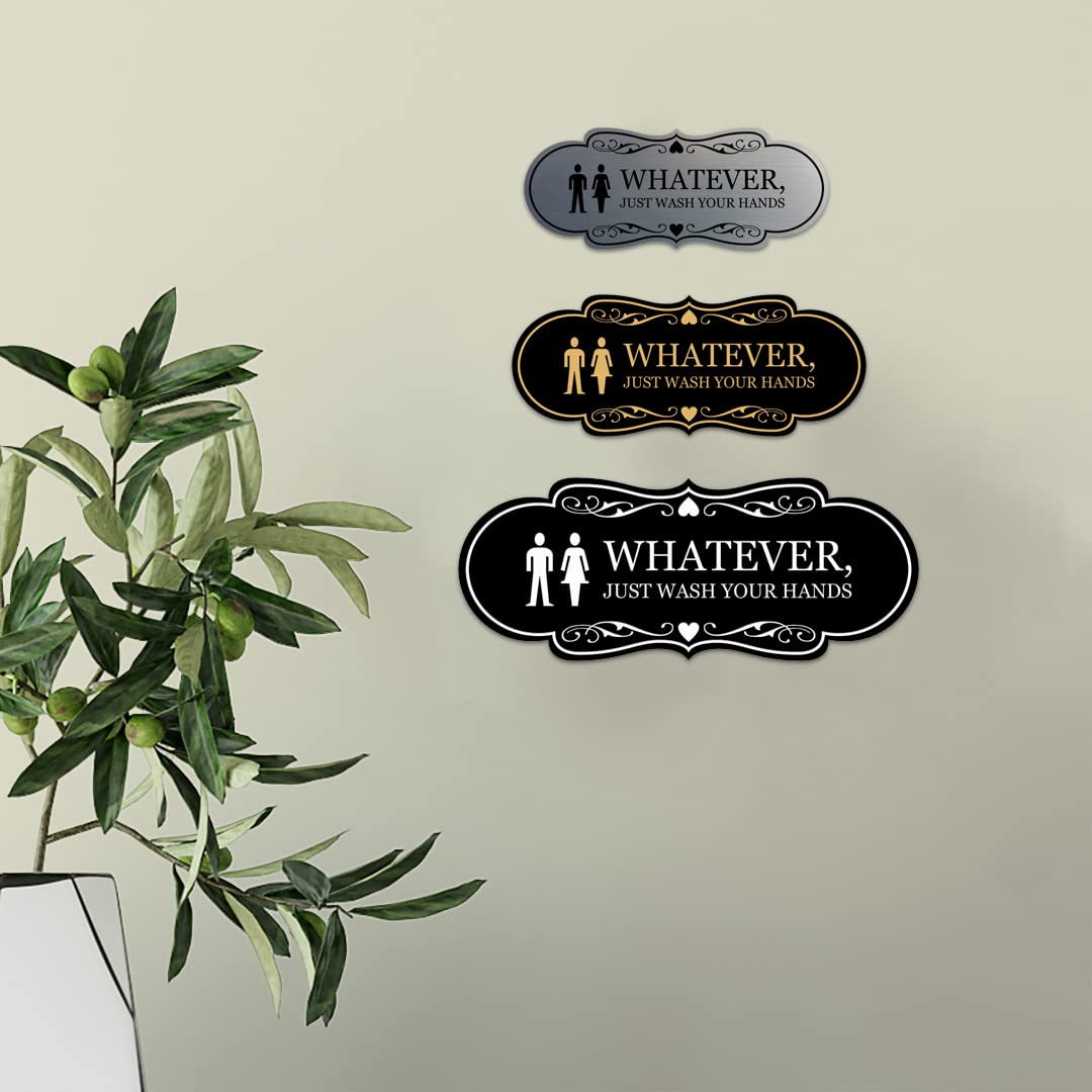 Stylish Brushed Gold Novelty Restroom Sign - 'Designer Whatever, Just Wash Your Hands' Funny Bathroom Decor for Home, Office, or Cafe