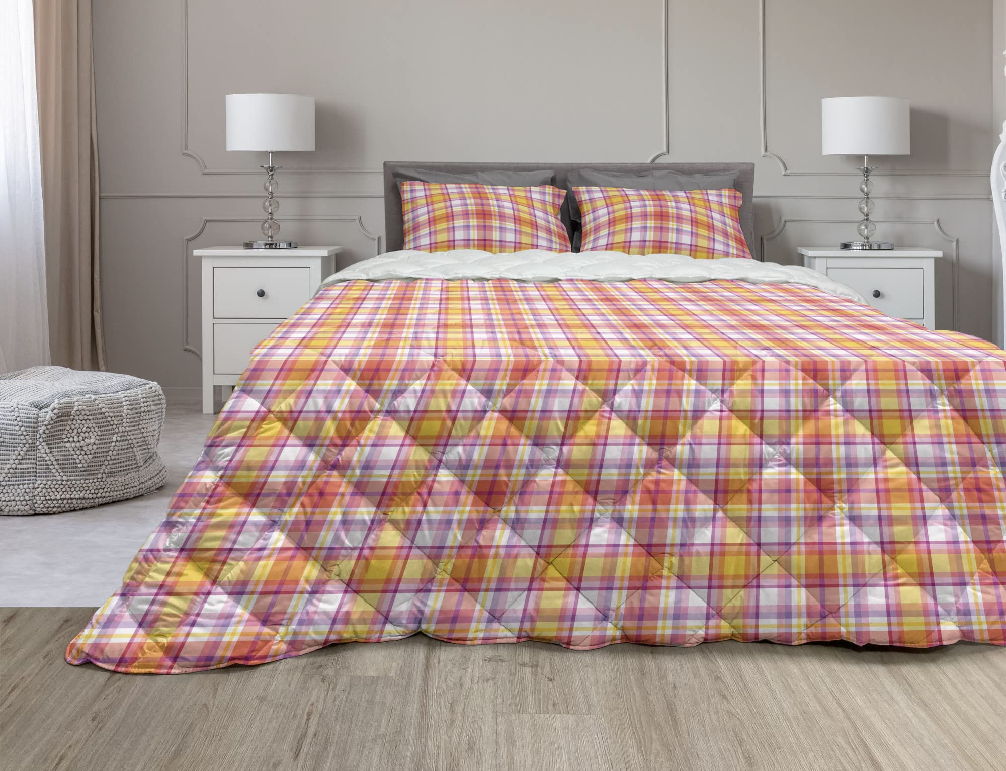 Lunarable Tartan Comforter Set 3-Piece Queen Size - Abstract Stripes Plaid Pattern with Vintage Squares Design, Microfiber Filled Duvet Cover & Sham Set in Fuchsia Orange Coral - Perfect for Modern Bedroom, Guest Room & Dorm Decor