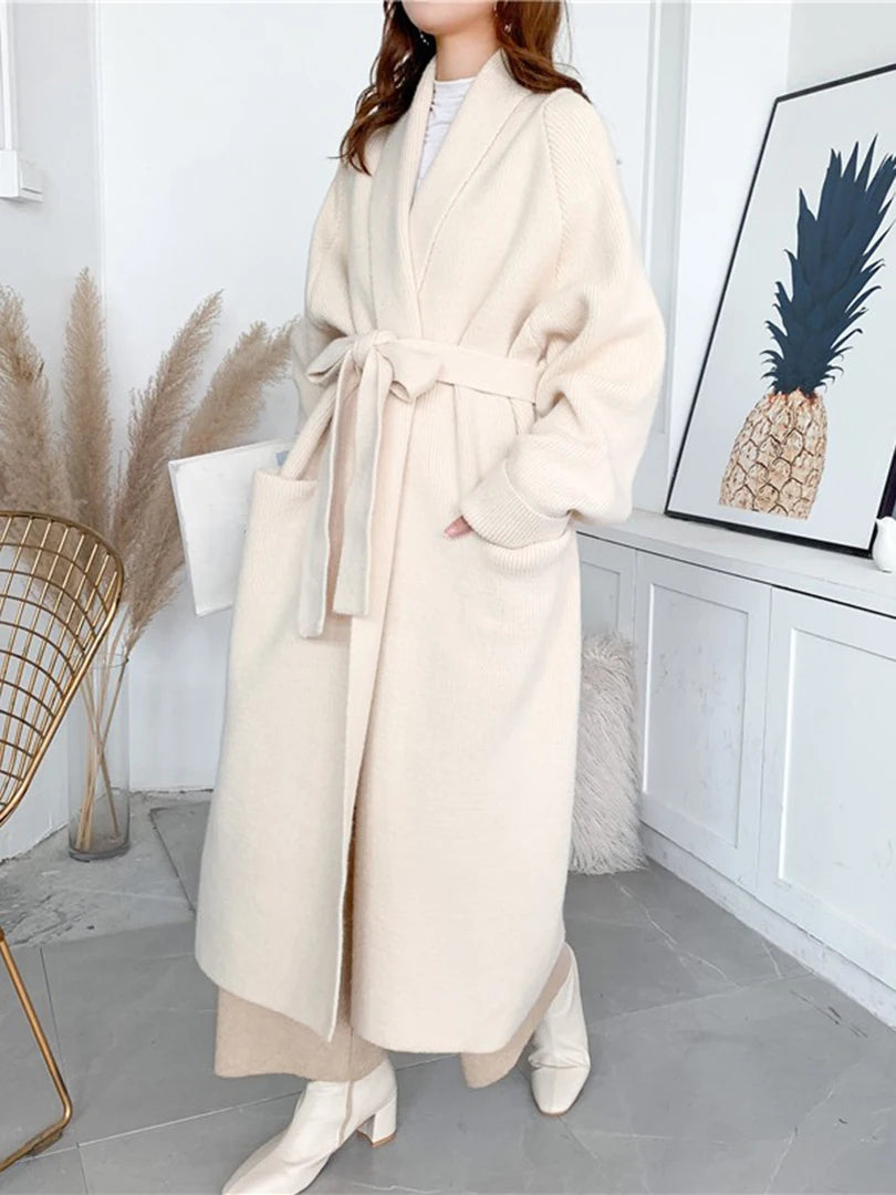 Women's Plus Size Long Knit Cardigan Sweater - Black Belted V-Neck Long Sleeve Open Front Wrap Coat | 2025 Spring Autumn Fashion | Casual Office Wear, Layering Piece, Travel Outfit