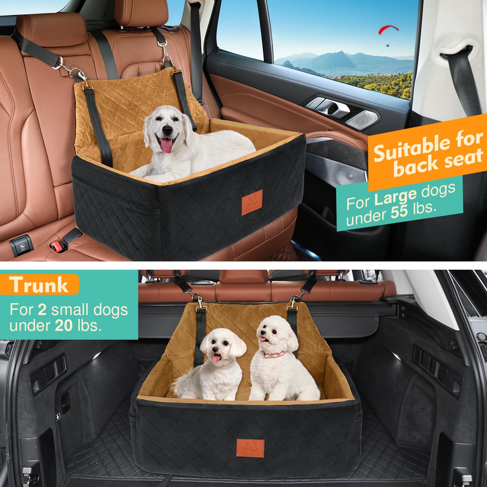 Washable Dog Car Seat for Large & Medium Dogs Under 55 lbs - Thick Cushion Booster Seat with 2 Safety Leashes | Travel Pet Bed for Cars, SUVs & Road Trips