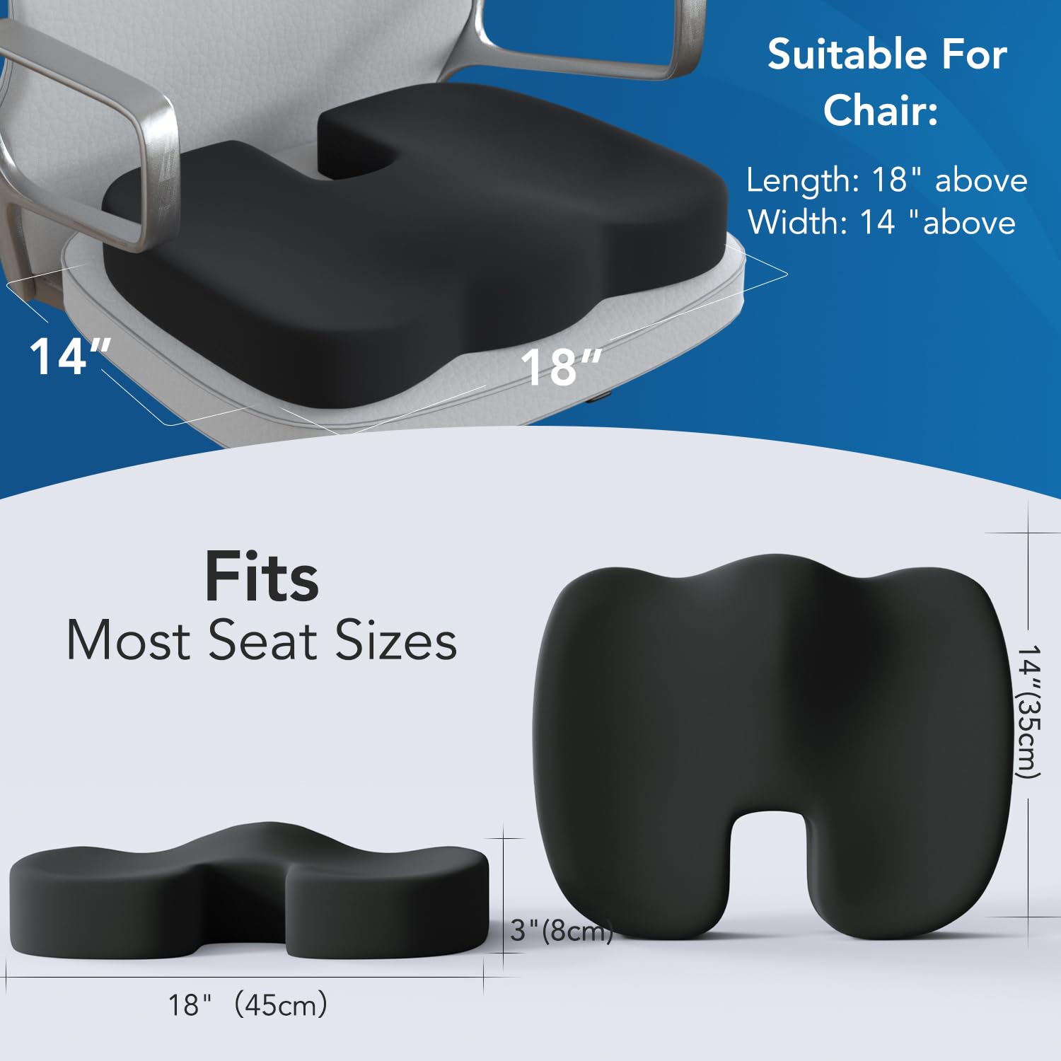 Premium Memory Foam Seat Cushion for Sciatica & Back Pain Relief - Orthopedic Lumbar Support Pillow for Office Chairs, Car Seats & Wheelchairs - Ergonomic Coccyx Cushion with Washable Cover (Black) - Perfect for Long Work Hours, Road Trips & Mobility Comfort