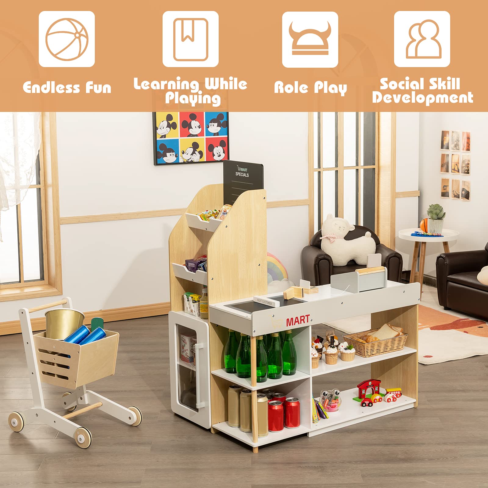 HONEY JOY Wooden Grocery Store Playset for Kids - Pretend Play Supermarket Toy with Shopping Cart, Cash Register, Chalkboard & Play Coins - Educational Role Play Toy for Toddlers & Preschoolers (Play Food Not Included) - Perfect for Home, Classroom & Daycare Pretend Play Activities