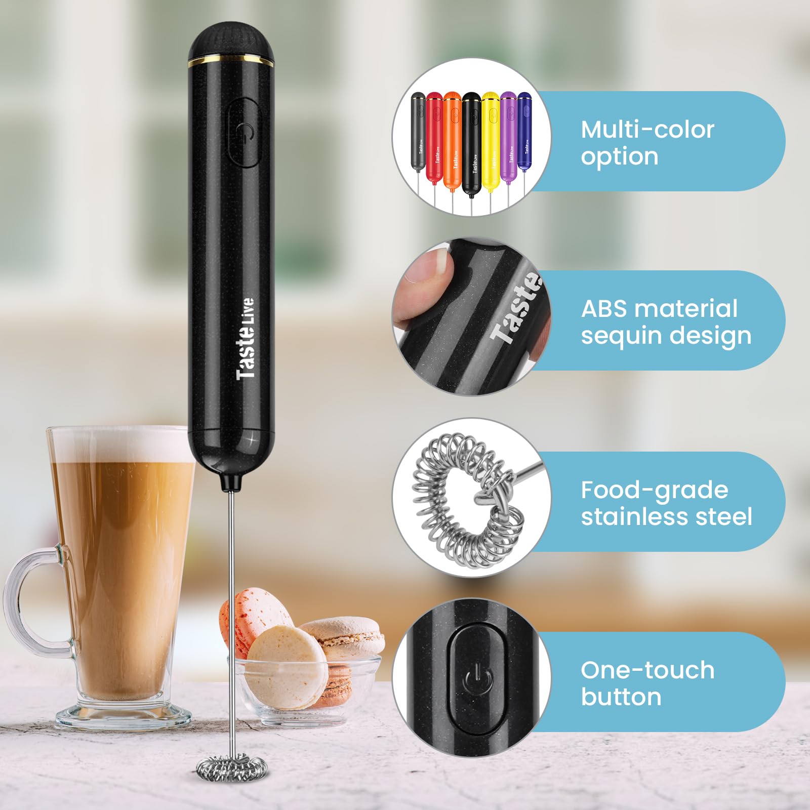 Electric Milk Frother Handheld - Battery Operated Mini Whisk for Coffee, Matcha, Hot Chocolate & Protein Shakes - Perfect for Lattes, Cappuccinos & Smoothies at Home or Office (Black)