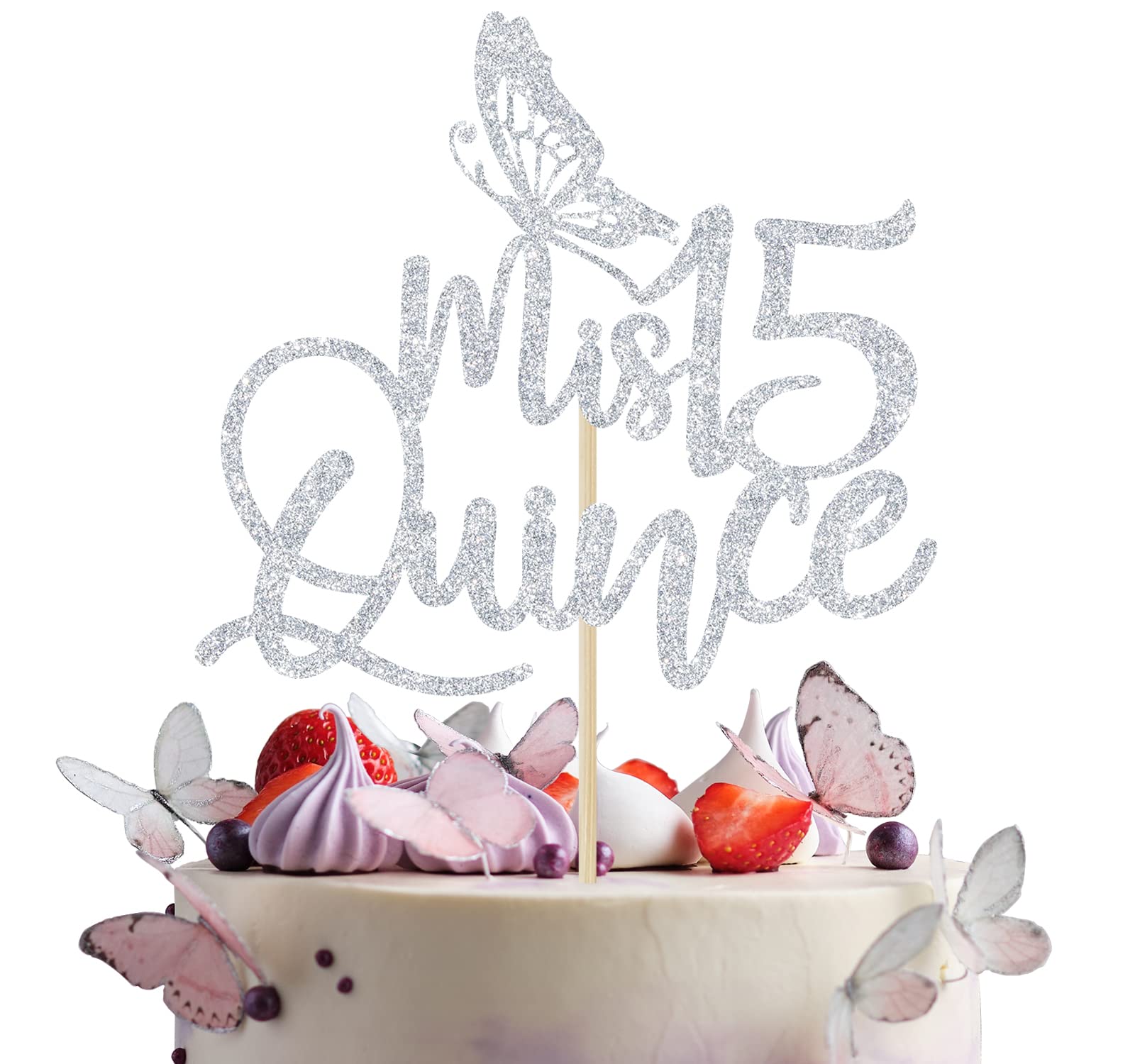 Silver Glitter Quinceañera Cake Topper - 15th Birthday Party Decorations, Happy 15th Birthday (Feliz 15 Años) - Cheers to 15 Years Celebration Supplies for Sweet 16, Quinceañera, and Milestone Birthday Parties
