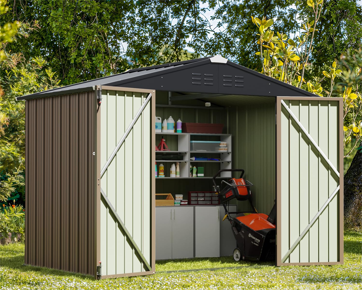 Greesum 6x8 ft Outdoor Storage Shed - Metal Utility Tool Shed with Lockable Door for Garden, Patio & Backyard Organization (Brown)