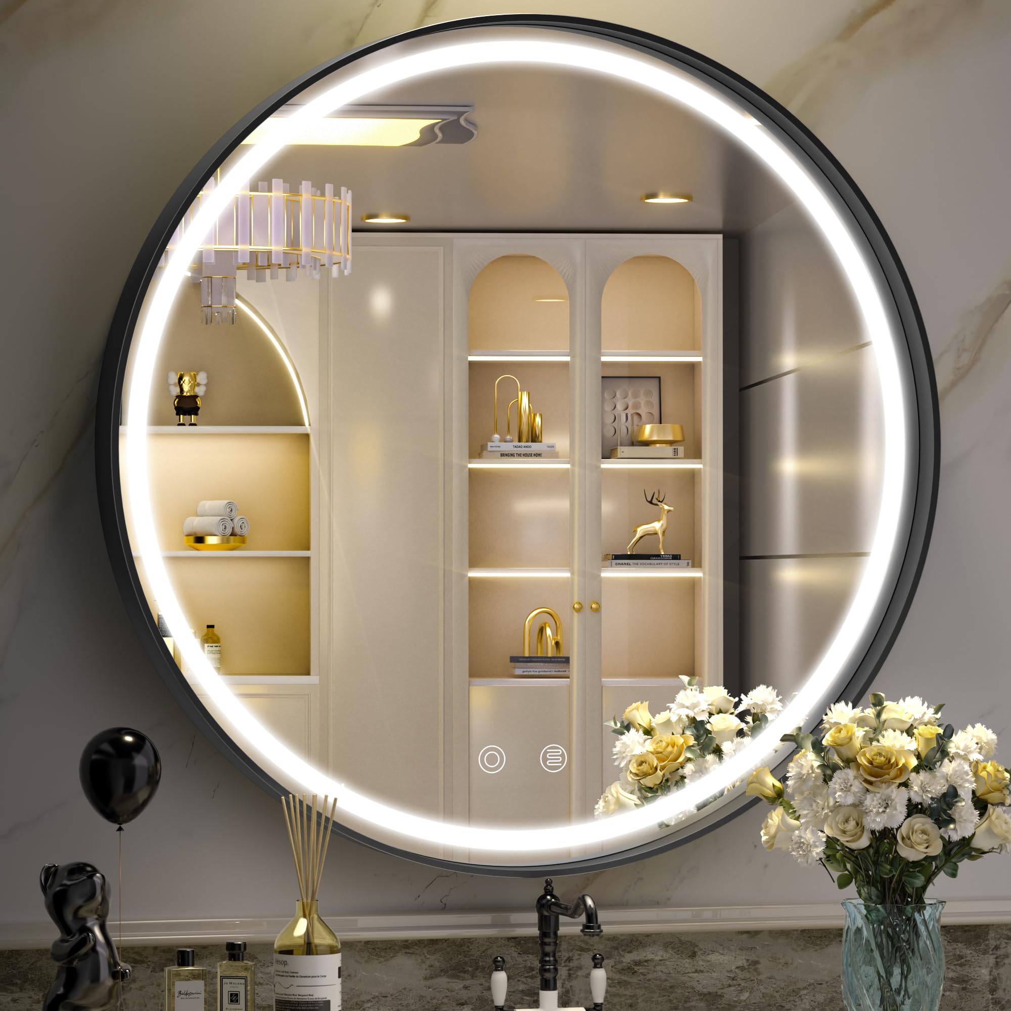 28 Inch Round LED Bathroom Mirror with Lights - Black Metal Framed Anti-Fog Vanity Mirror, Dimmable 3-Color Lighting for Makeup & Wall Mount (Perfect for Bathroom, Bedroom & Dressing Room)