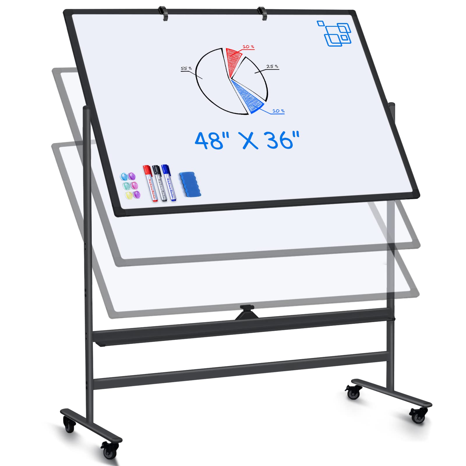 Maxtek 48 x 36 Inches Magnetic Double Sided Rolling Dry Erase Board - Adjustable Height Large Mobile Whiteboard with Stand & Wheels - Perfect for Home Office, Classroom & Conference Room Presentations