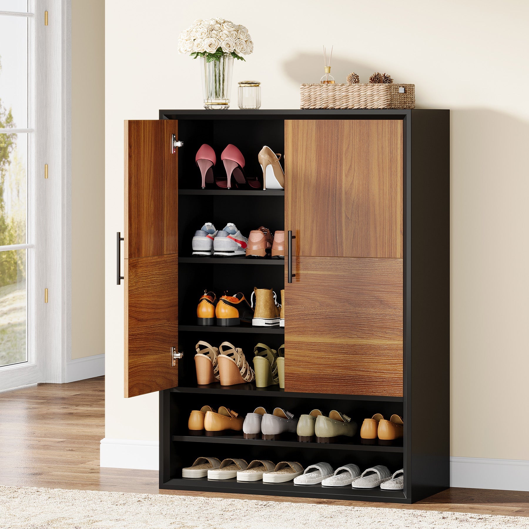 43 Inch Shoe Cabinet with 6 Tier Adjustable Shelves & Doors - Space Saving Shoe Storage Organizer for Entryway, Closet, or Bedroom