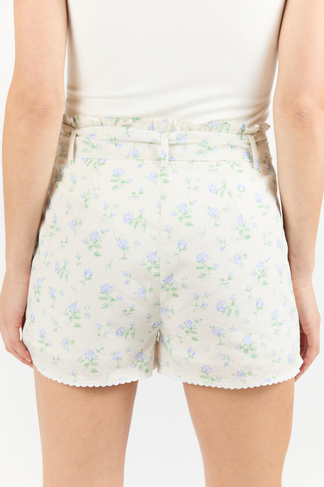 Bouquets of Love Ivory and Blue Belted Floral Shorts for Women - Summer Casual Wear & Beach Outfits