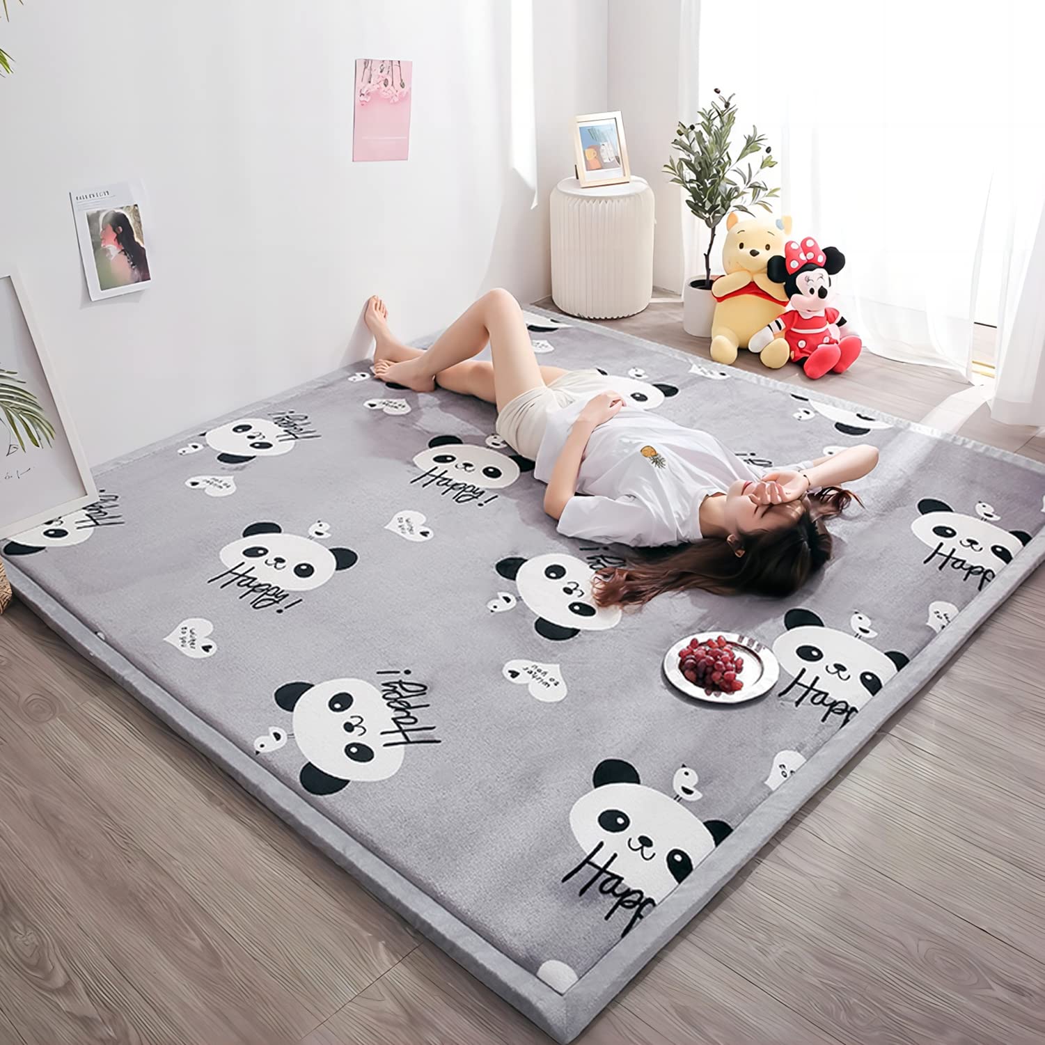 Loartee Soft Thick Coral Velvet Kids Play Mat - 5x5 Feet Non-Slip Nursery Rug for Babies & Toddlers, Cute Panda Design Play Area Carpet, Safe Non-Toxic Crawling Mat for Daycare & Playroom (150x150cm) - Perfect for Playtime, Learning & Nursery Decor