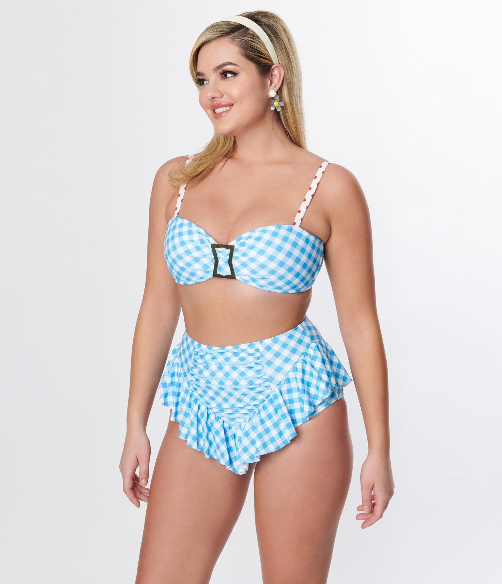 Vintage Blue Gingham Buckle Swim Top for Women - Retro Style Adjustable Bathing Suit Top - Perfect for Beach, Pool, and Summer Vacations