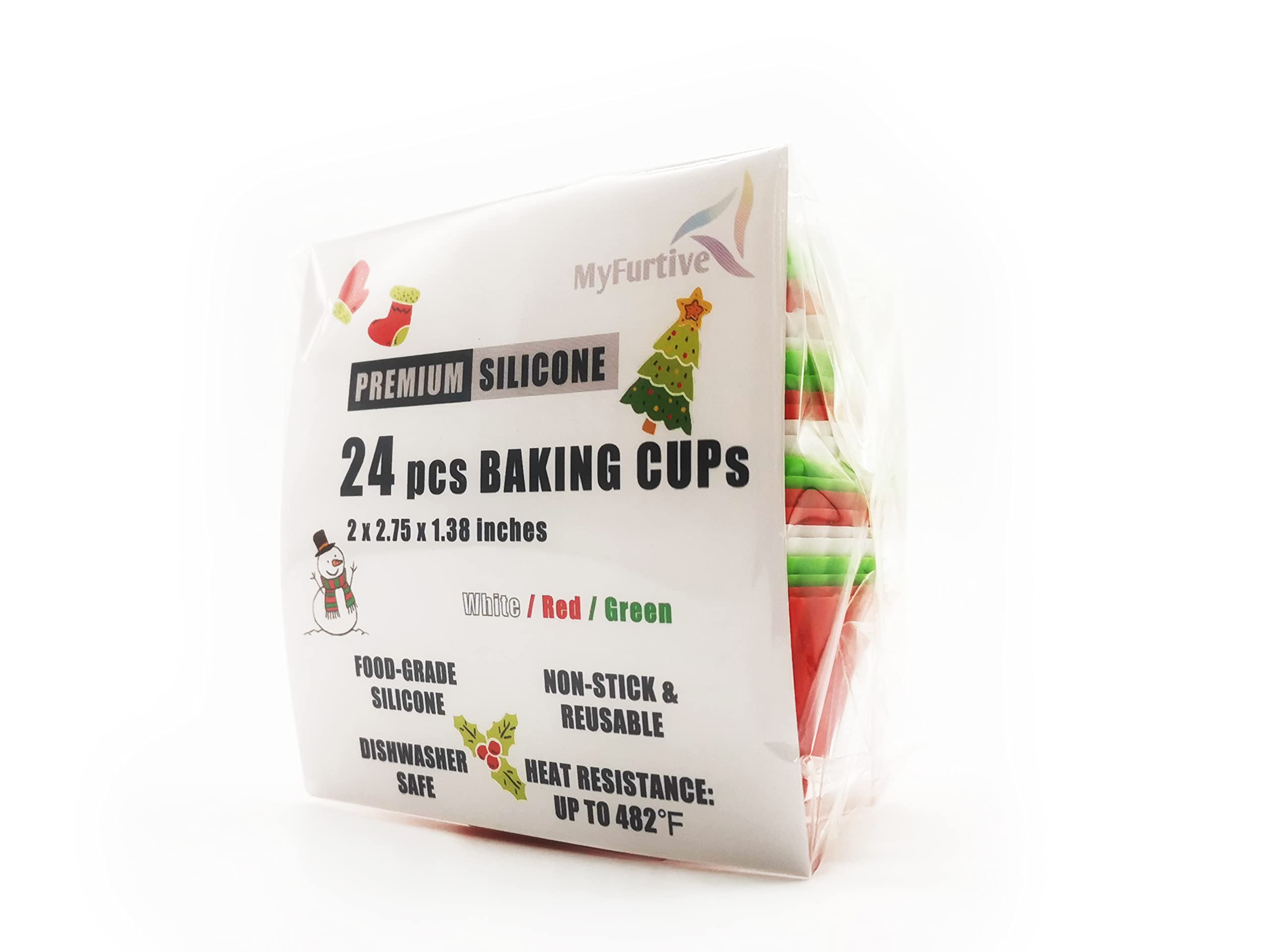 24-Pack Reusable Silicone Cupcake Baking Cups - BPA Free, Dishwasher Safe Muffin Liners in White, Red & Green | 100% Food Grade Premium Silicone for Baking, Party Desserts & Holiday Treats