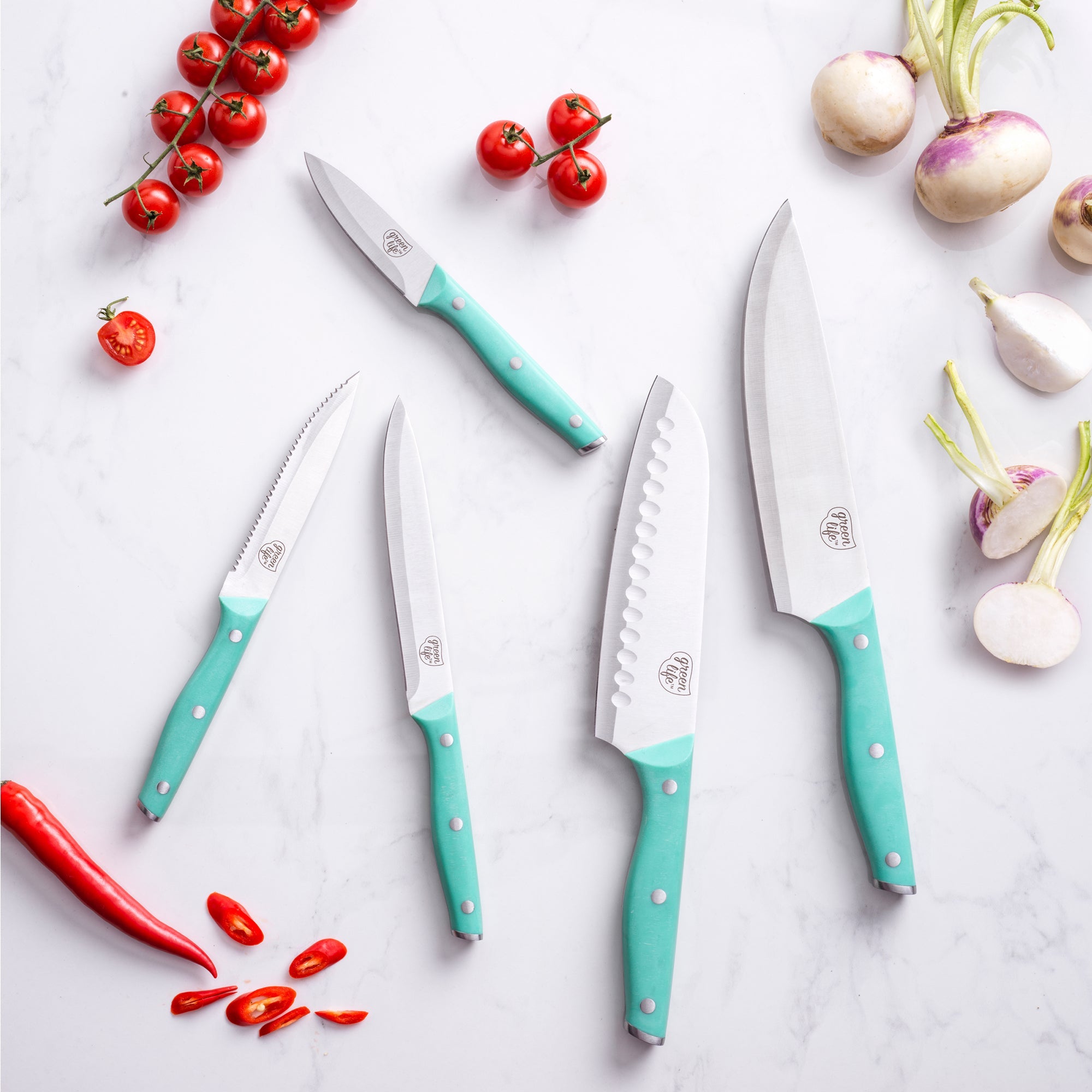 GreenLife 5-Piece Stainless Steel Cutlery Set - Knife Fork Spoon Set, Durable & Dishwasher Safe, Turquoise Color for Kitchen, Camping, Picnic & Travel