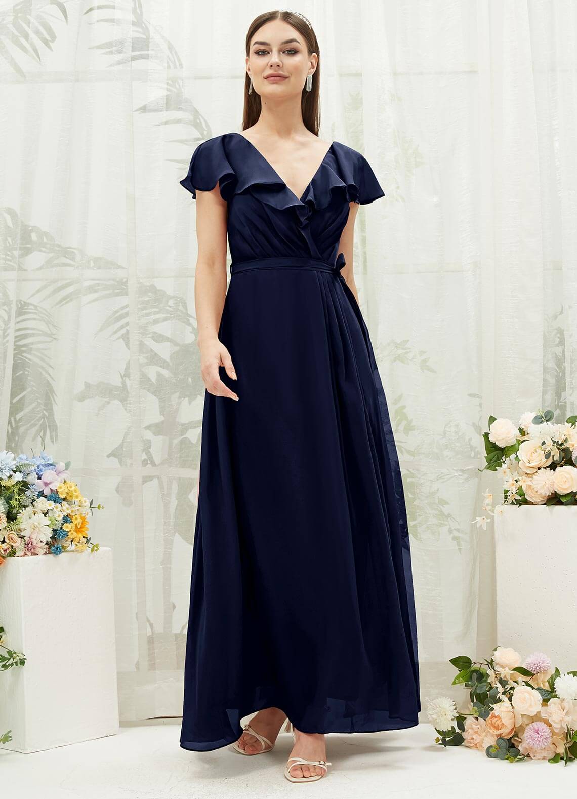 Elegant Dark Navy Chiffon Bridesmaid Dress with Ruffle Sleeves & V-Neck - Perfect for Weddings, Formal Events & Evening Parties