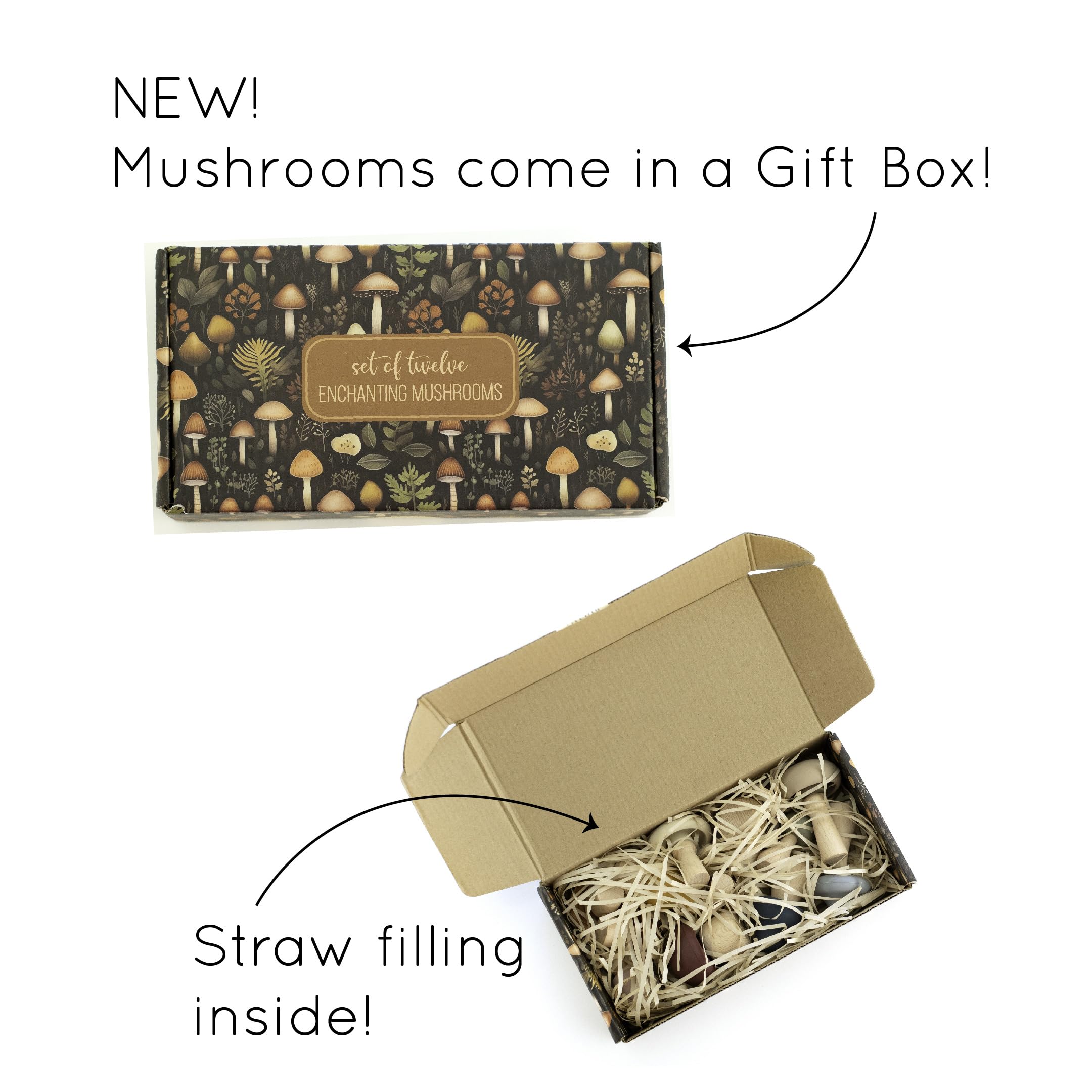 12-Piece Wooden Mushroom Toy Set - Natural Woodland Kids Toys, Toadstool Garden Figurines & Fungi Decor for Playrooms, Fairy Gardens & Nature-Themed Parties