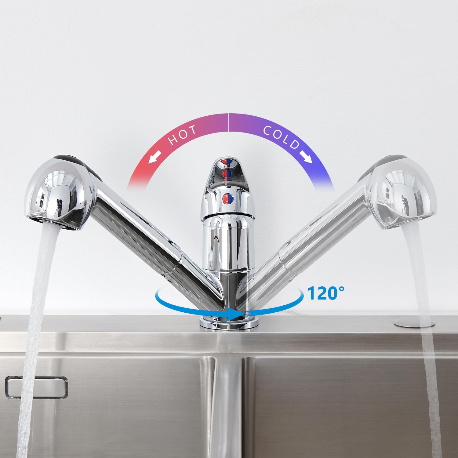 Ulytid Pull-Out Kitchen Faucet with 2 Spray Modes - 120° Swivel Brass Single Lever Mixer Tap for Sink - Hot & Cold Water - Chrome Finish - Water Saving Design - Perfect for Modern Kitchens & Food Prep Areas