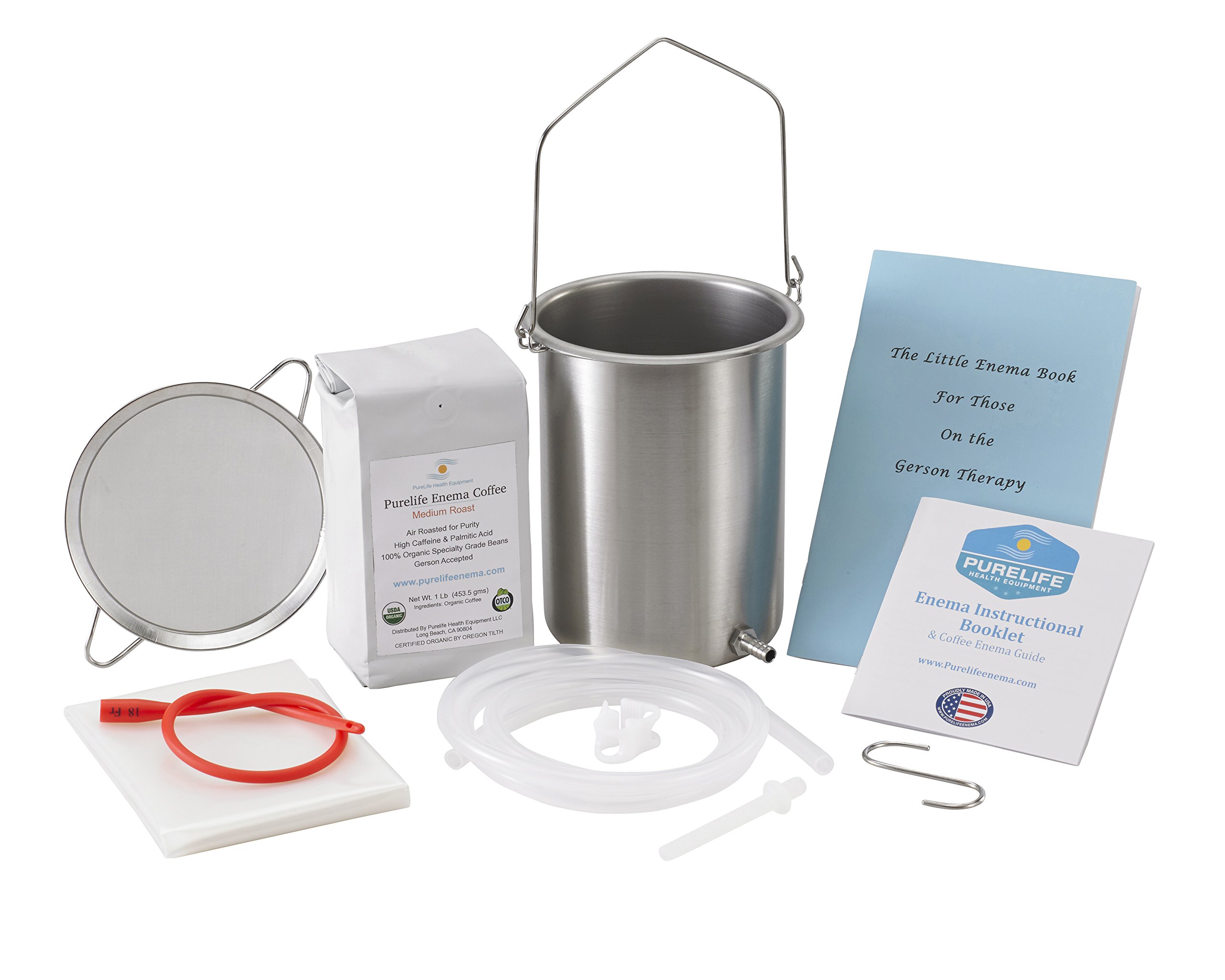 PureLife Organic Coffee Enema Kit - 2 Qt Stainless Steel Bucket, 1 lb Lab-Tested Mold-Free Coffee & Strainer | Made in USA | Detox & Colon Cleanse for Wellness Routine