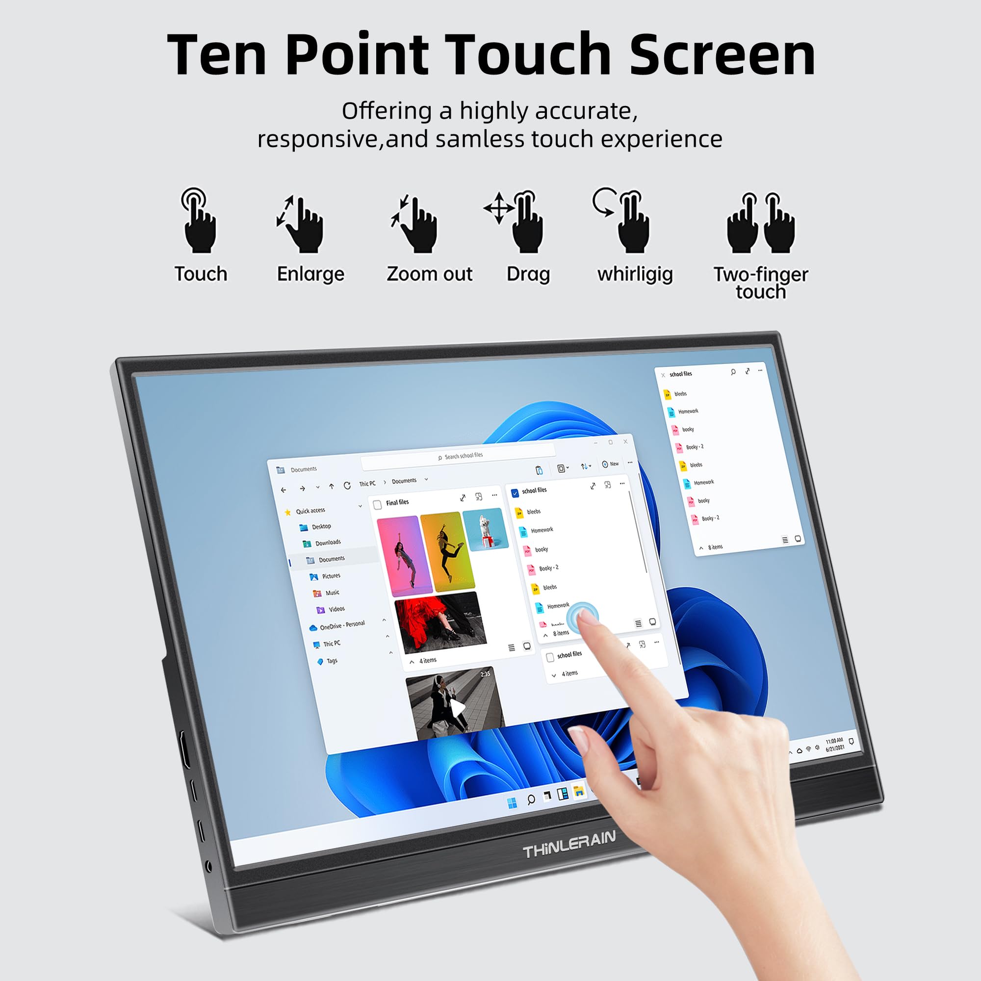 Thinlerain 15.6 Inch Portable Touch Screen Monitor - Full HD 1920x1080 IPS Display, USB-C & HDMI Connectivity for Laptop, PC, Smartphone - Travel Monitor for Windows 7/8/10 - Perfect for Business Travel, Home Office & Gaming Setup